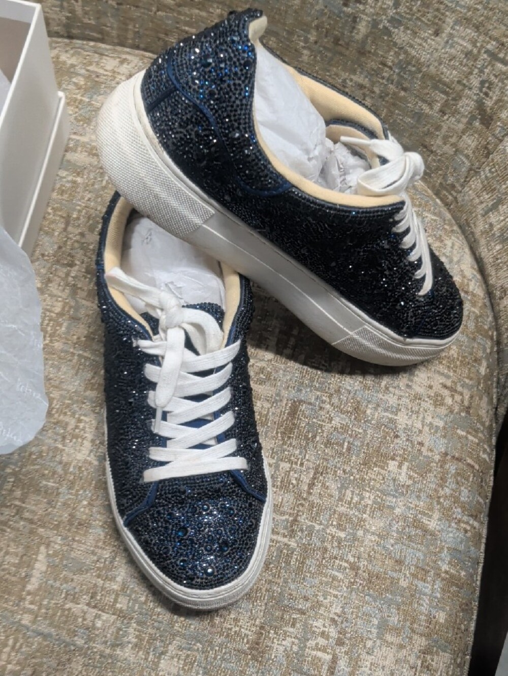 Betsey Johnson Navy Glitter Lace-Up Kids Sneakers with Cream Trim - Picture 3 of 4